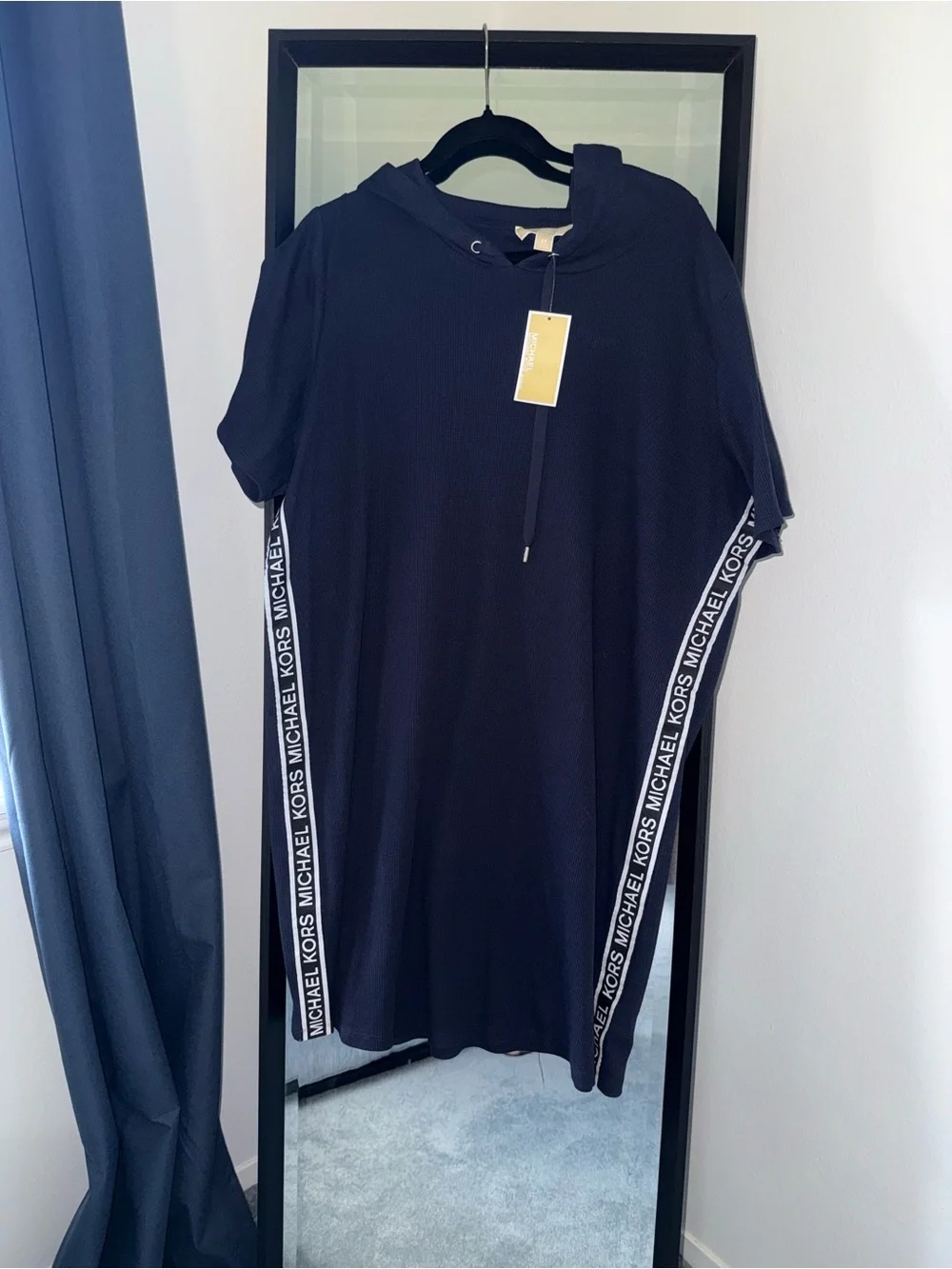 Michael Kors Logo Tape Hooded Tunic Top Midnight Blue 2X NWT